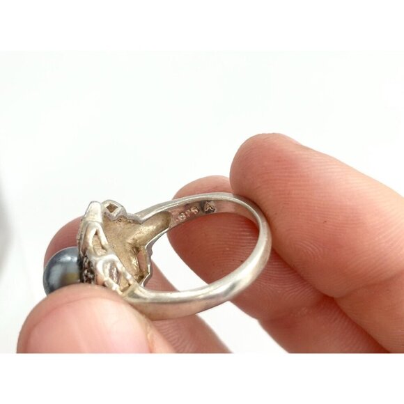 Art Deco Floral Marcasite Multi Gemstone Faux Tahitian Pearl Vintage Ring - sz 7 - Picture 6 of 10